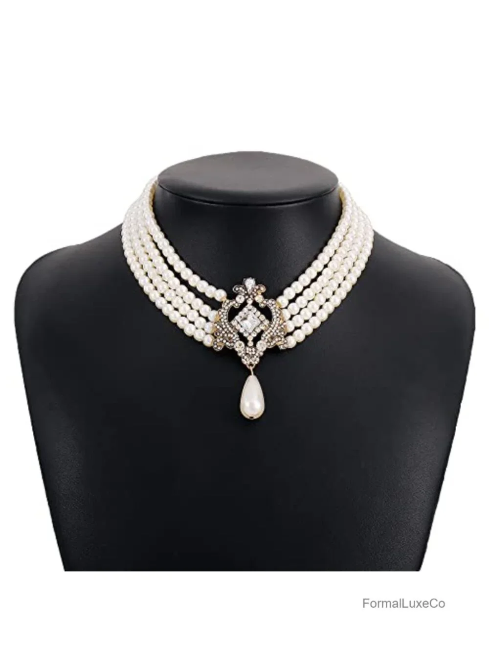 Vintage 1920s Bridal Choker Necklace Layered Tassels Rhinestone Pearl